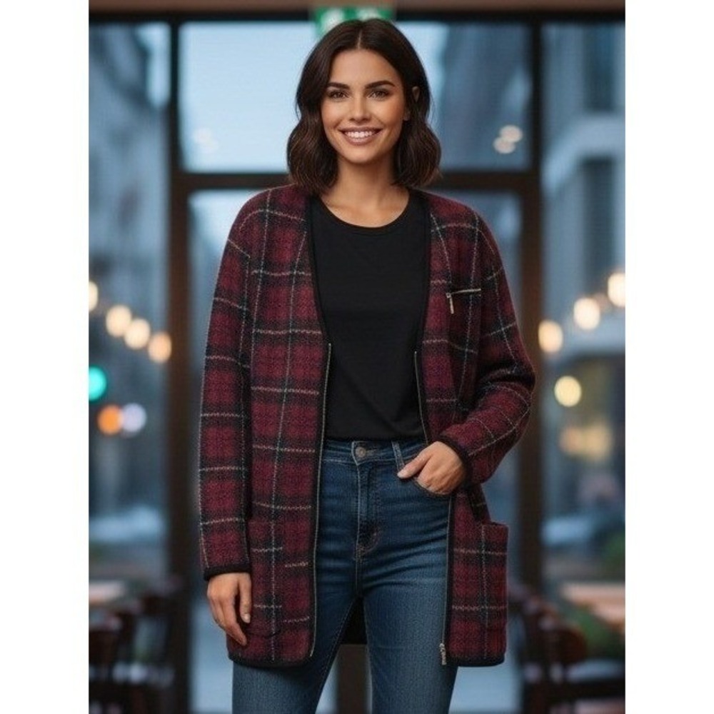 Andrea Jovine Wool Plaid Cardigan Sweater Women's Large Knit Pockets Outdoor